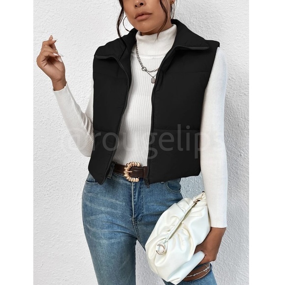 Cropped Black Puffer Vest Zip Up - Picture 6 of 7